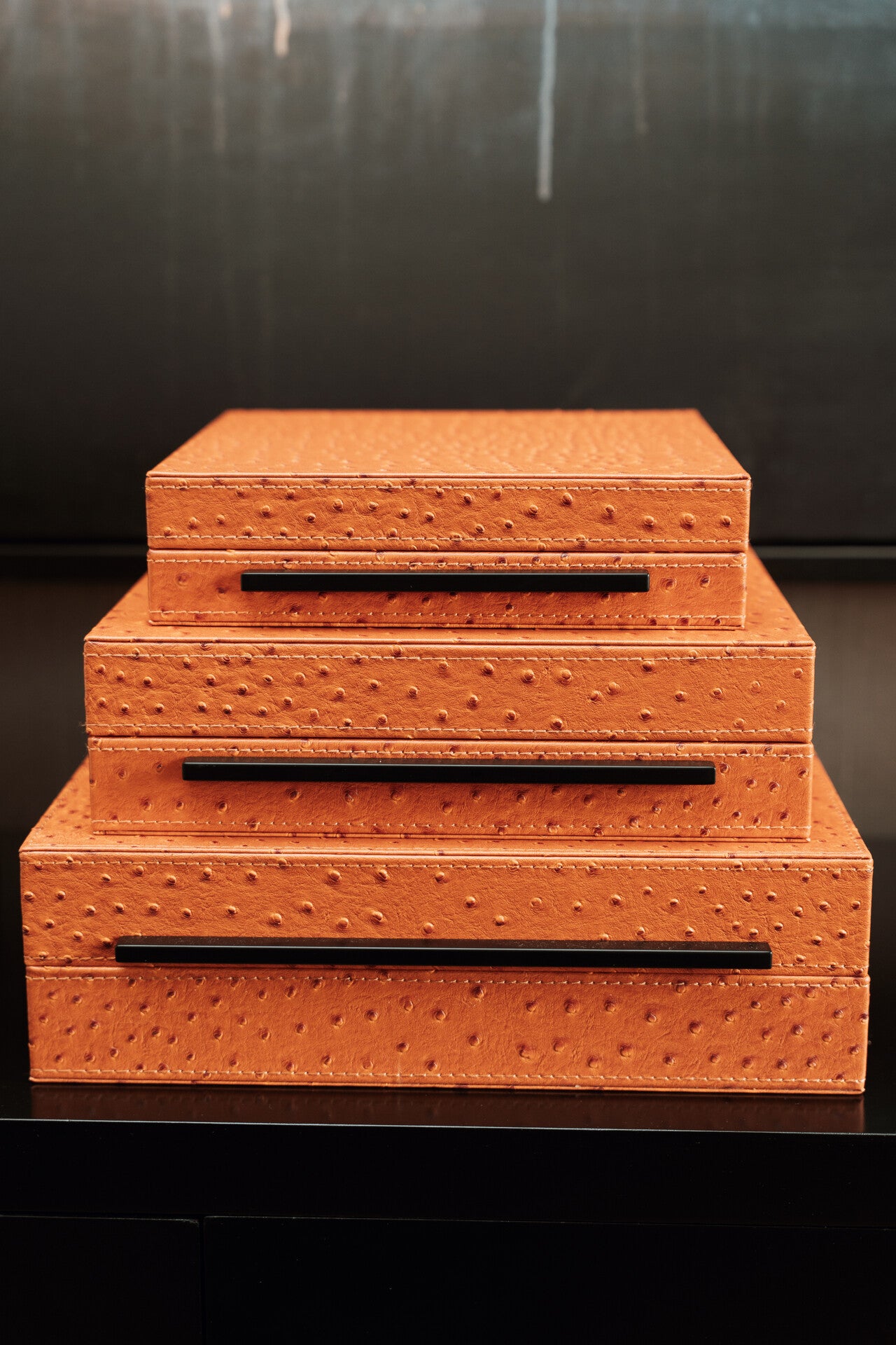 Faux Ostrich Leather Storage Boxes – Set of 3 in burnt Orange