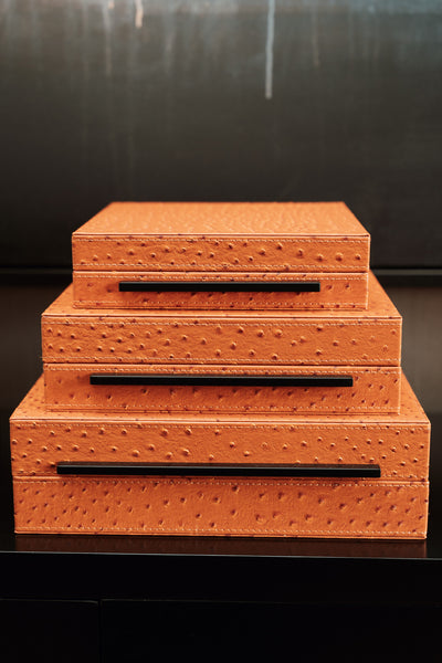 Faux Ostrich Leather Storage Boxes – Set of 3 in burnt Orange