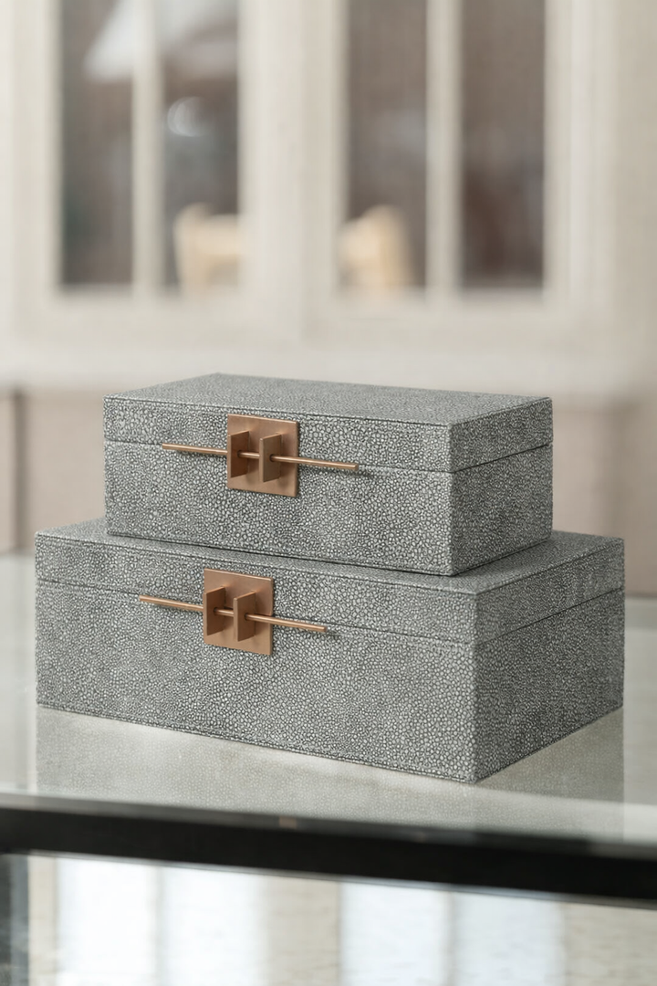Set of 2 Grey Crossbar Shagreen Boxes