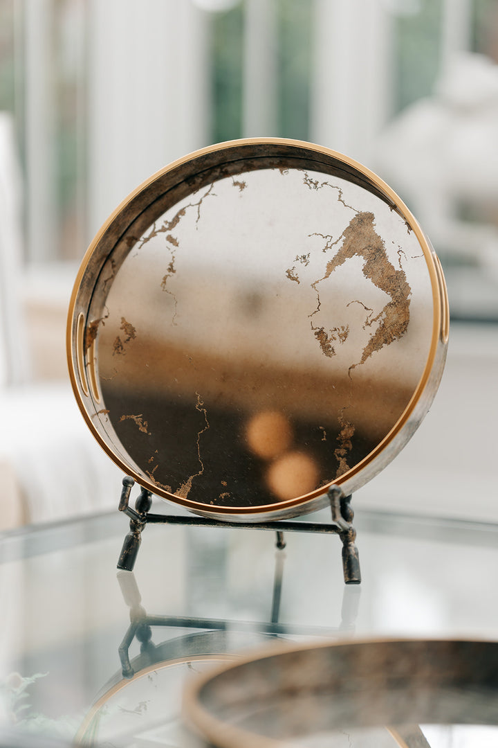 Marble Effect Mirrored Tray – Round Decorative Coffee Table &amp; Vanity Tray
