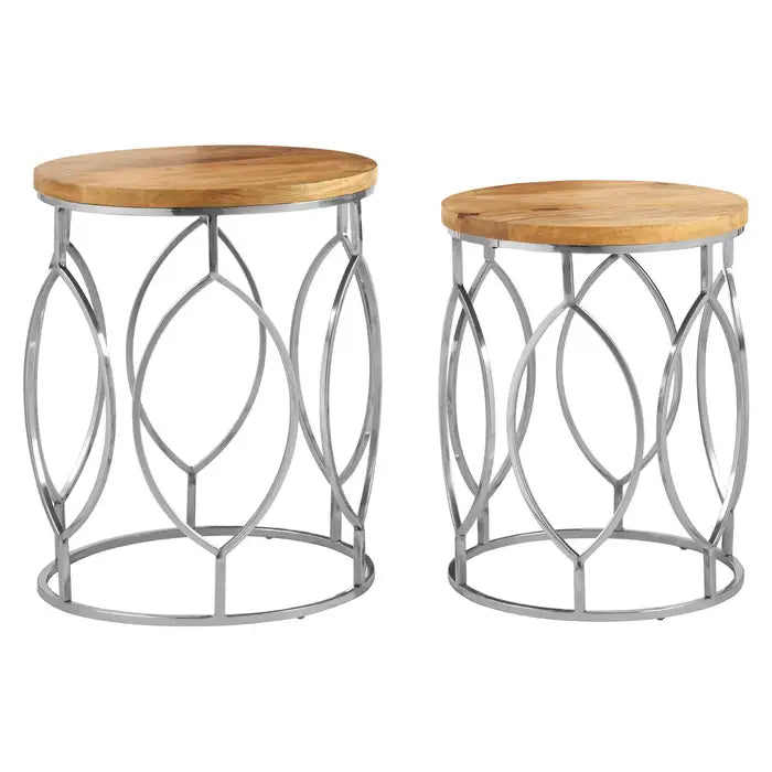 Set Of 2 Mango Wood and Metal Base Side Tables
