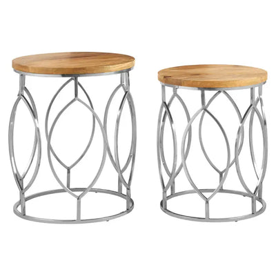 Set Of 2 Mango Wood and Metal Base Side Tables