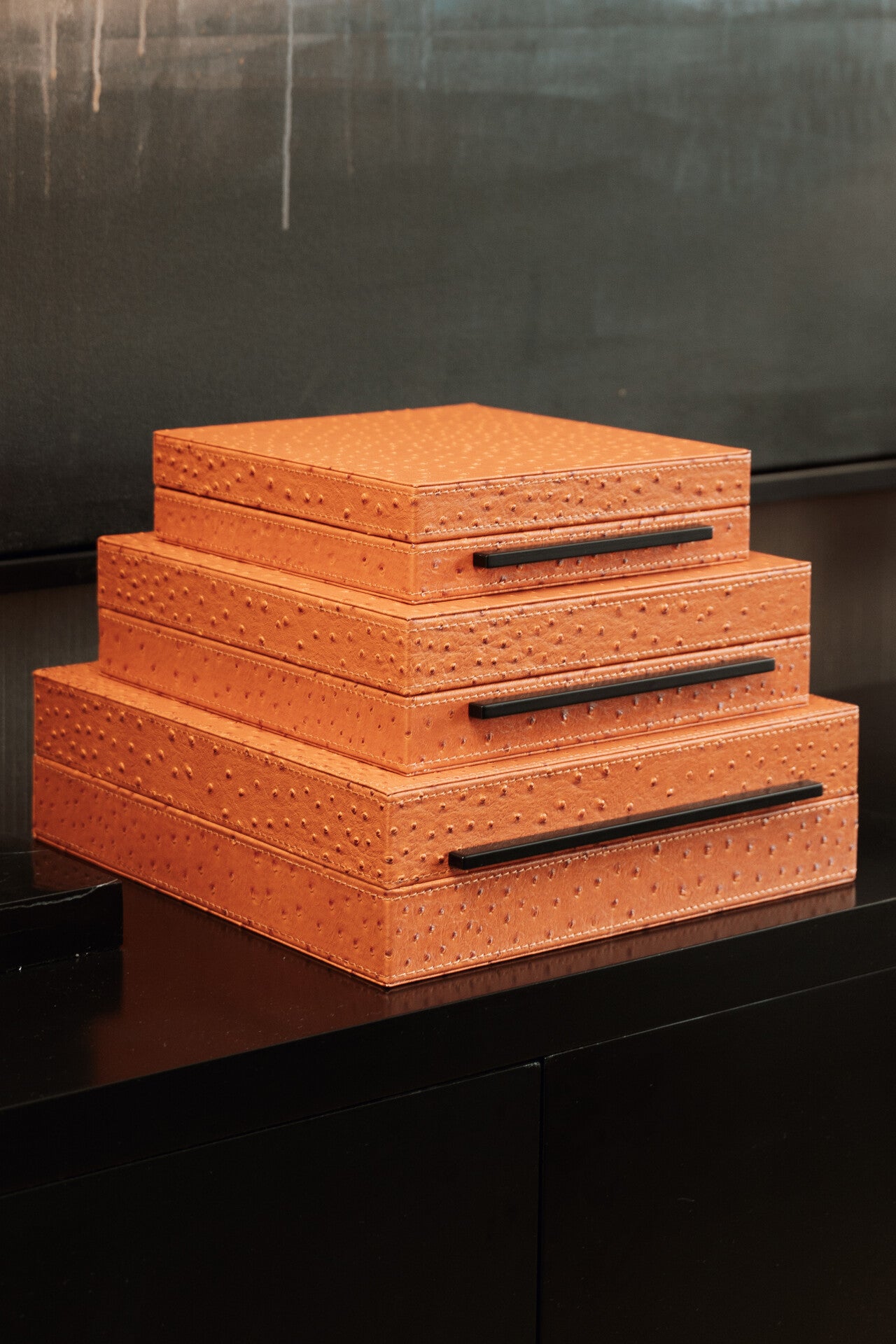 Faux Ostrich Leather Storage Boxes – Set of 3 in burnt Orange