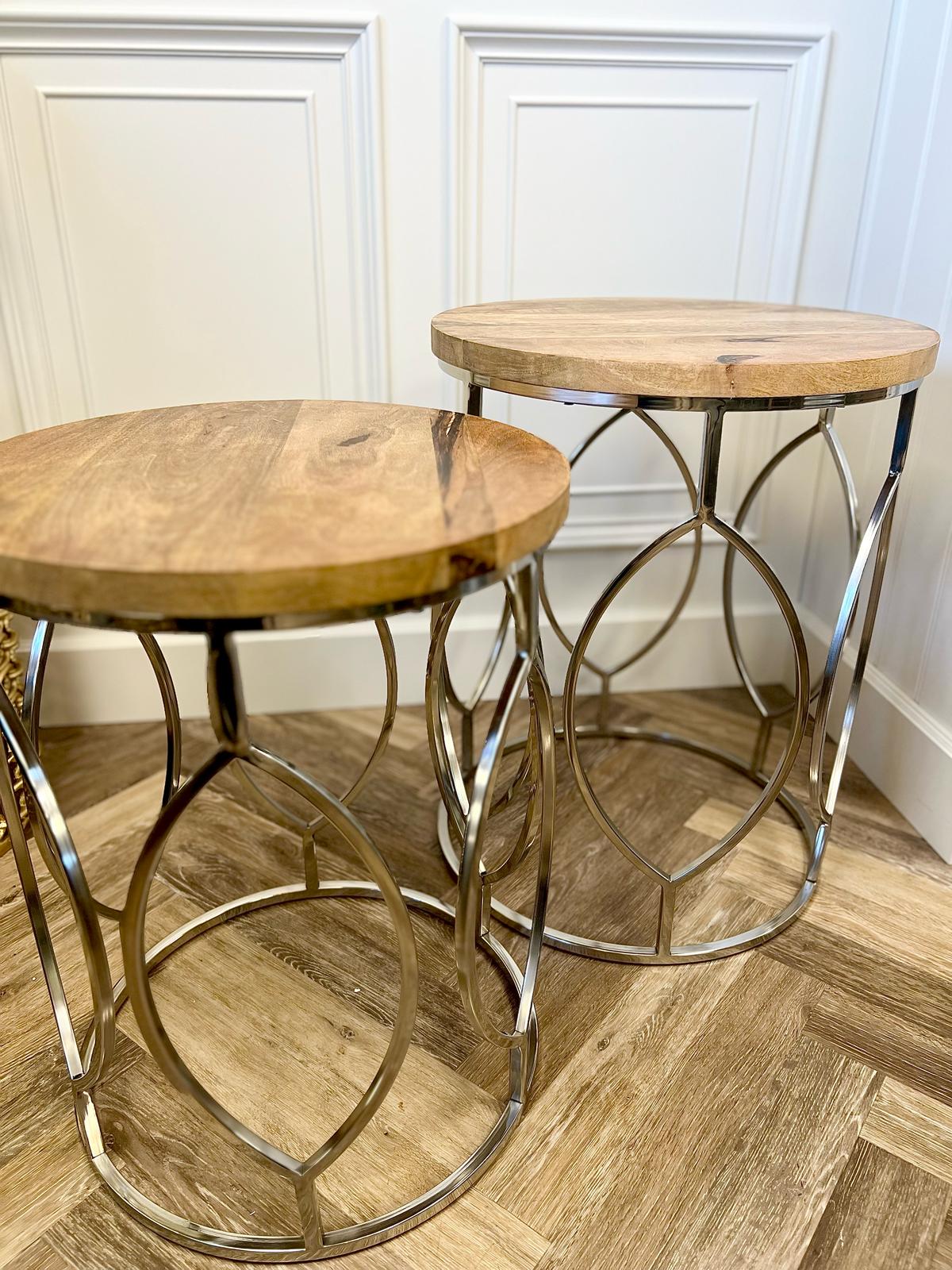 Set Of 2 Mango Wood and Metal Base Side Tables