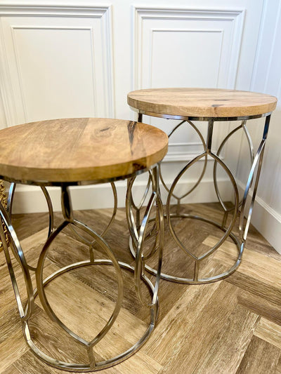 Set Of 2 Mango Wood and Metal Base Side Tables