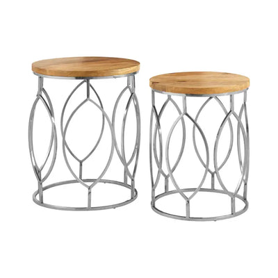 Set Of 2 Mango Wood and Metal Base Side Tables