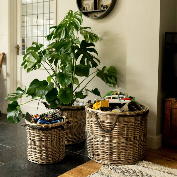 Antique Wash Rope Wicker Lined Storage Basket - Set of 3