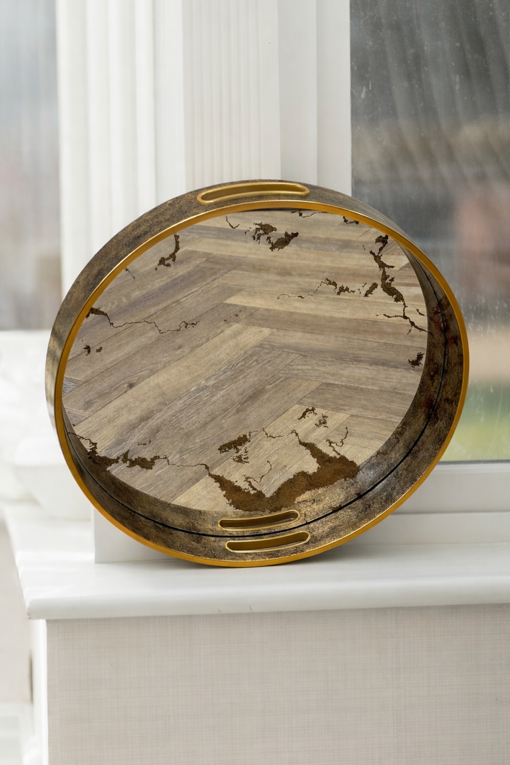 Marble Effect Mirrored Tray – Round Decorative Coffee Table &amp; Vanity Tray