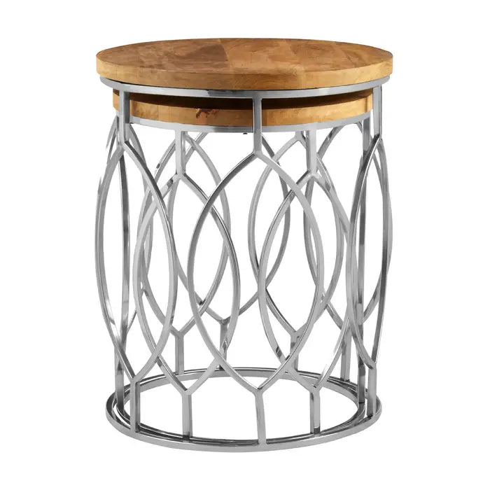 Set Of 2 Mango Wood and Metal Base Side Tables