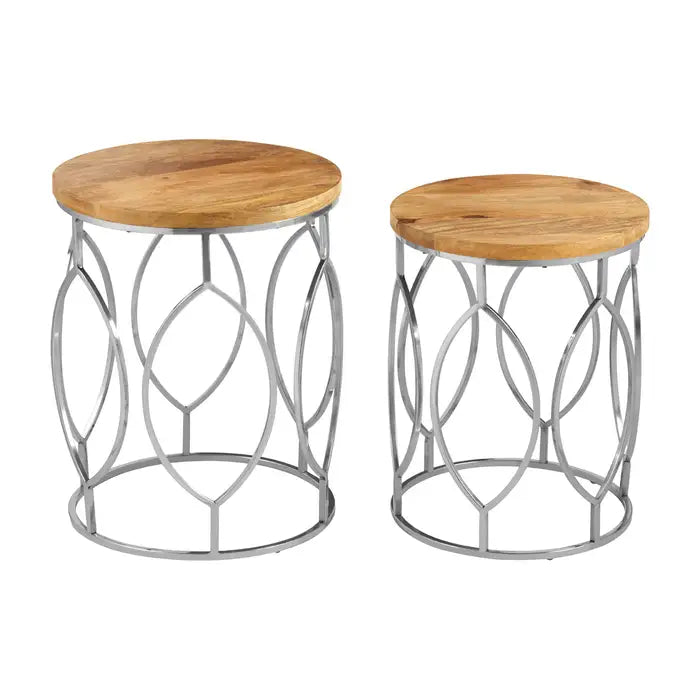 Set Of 2 Mango Wood and Metal Base Side Tables