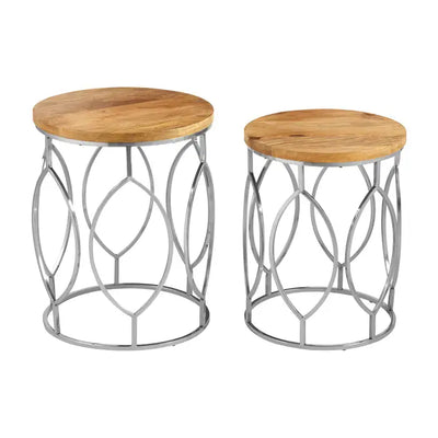 Set Of 2 Mango Wood and Metal Base Side Tables