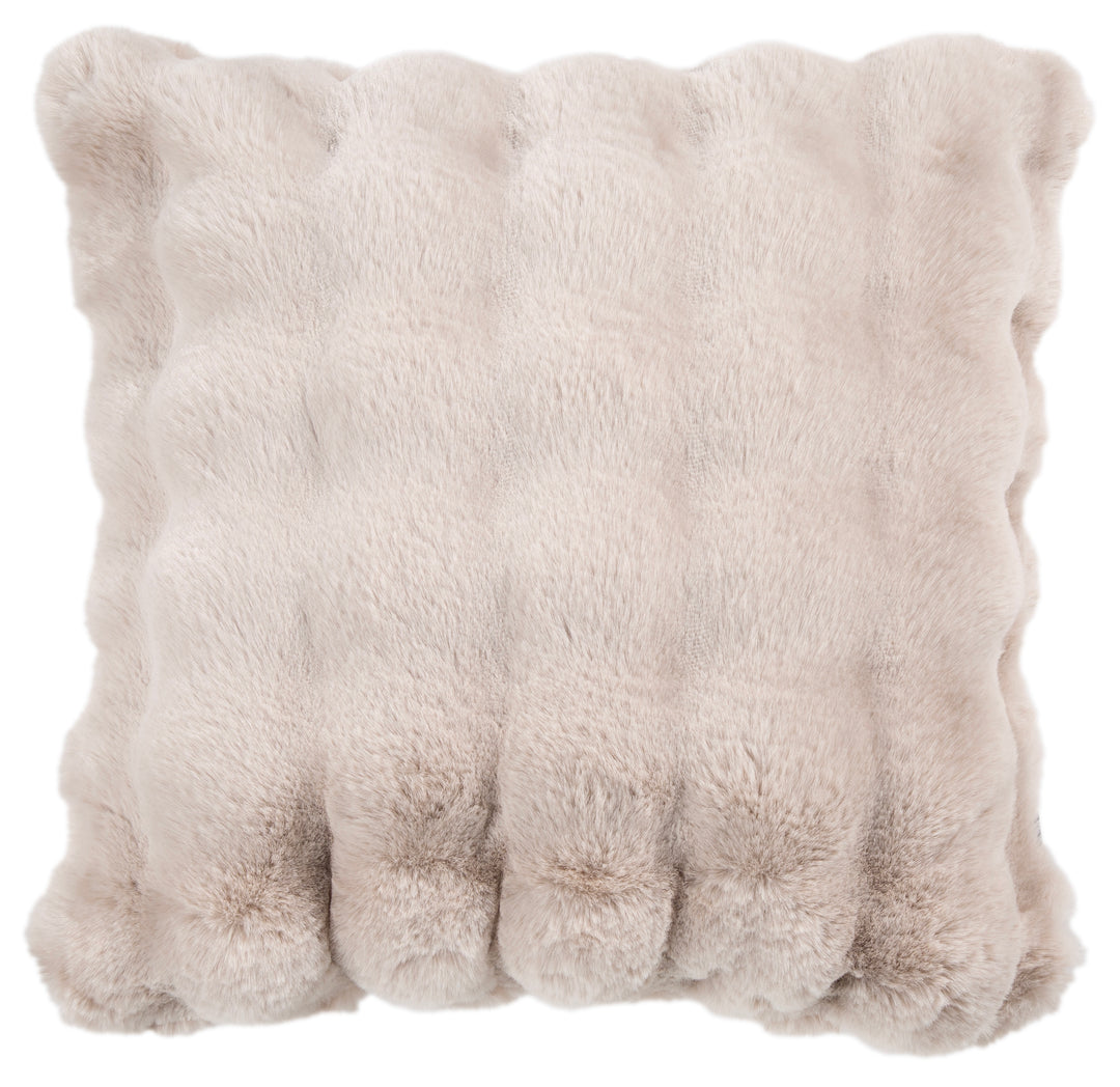 A square fluffy faux-fur or sheepskin-style throw pillow in a light warm beige tone, shown against a plain white background.