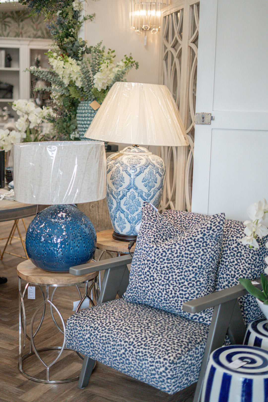 Blue Dot Ceramic Table Lamp with Linen Shade
