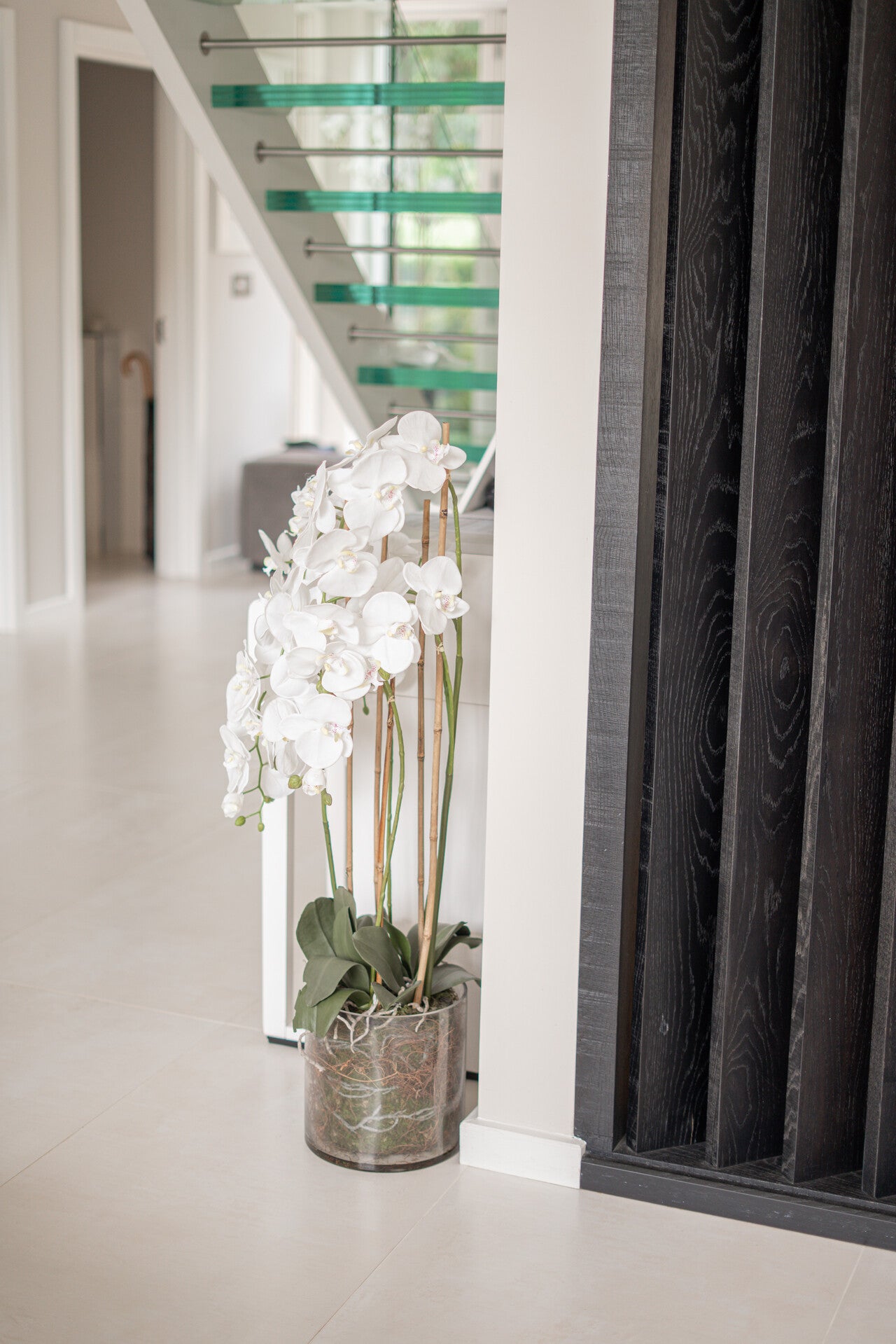 Large White Tall Orchid In Glass Pot
