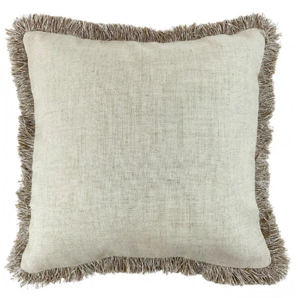 A square throw pillow in a textured light beige linen fabric, finished with a fringed border in a taupe-brown color, shown against a plain white background.