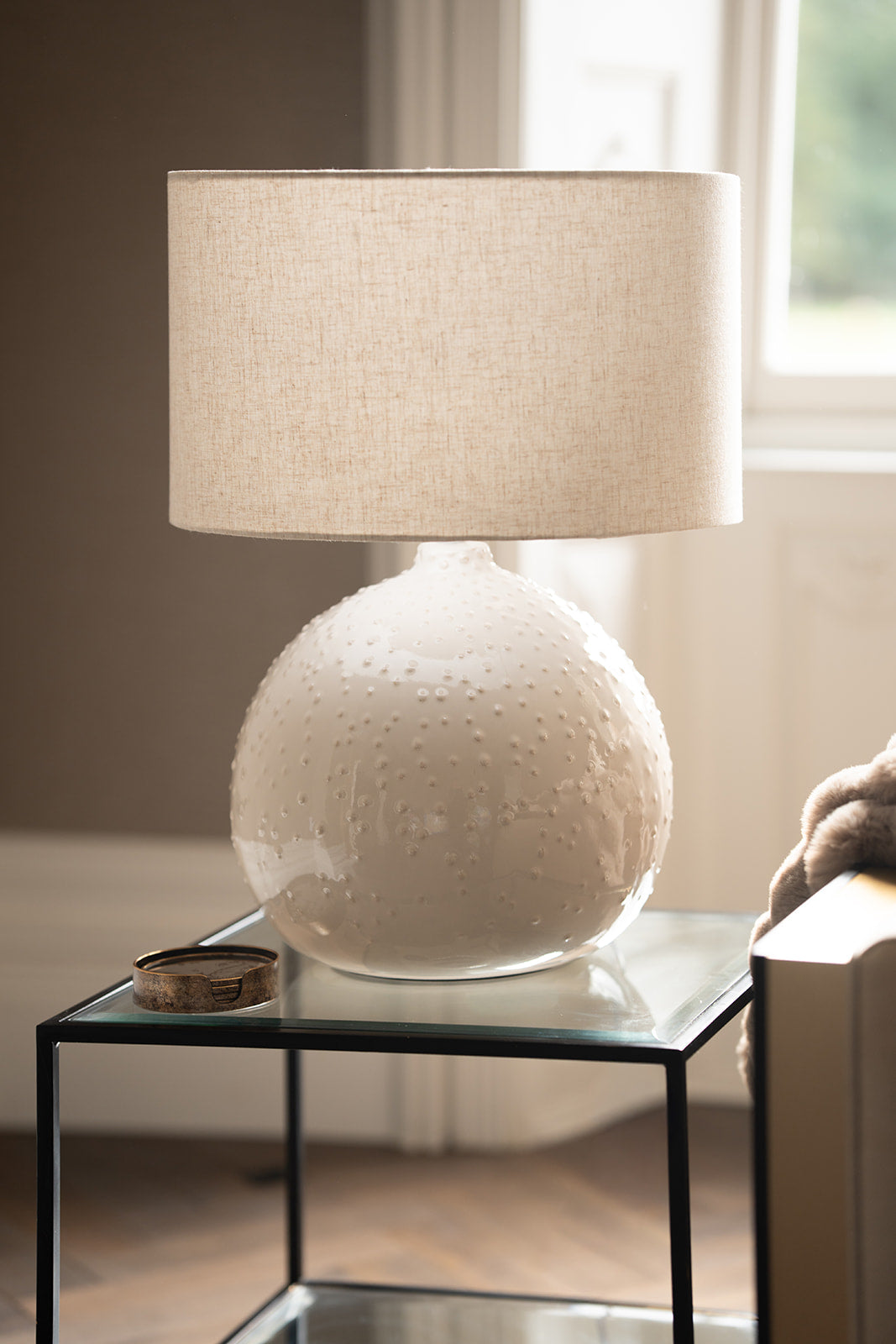 Cream Ceramic Pimpled Ball Table Lamp with Linen Shade