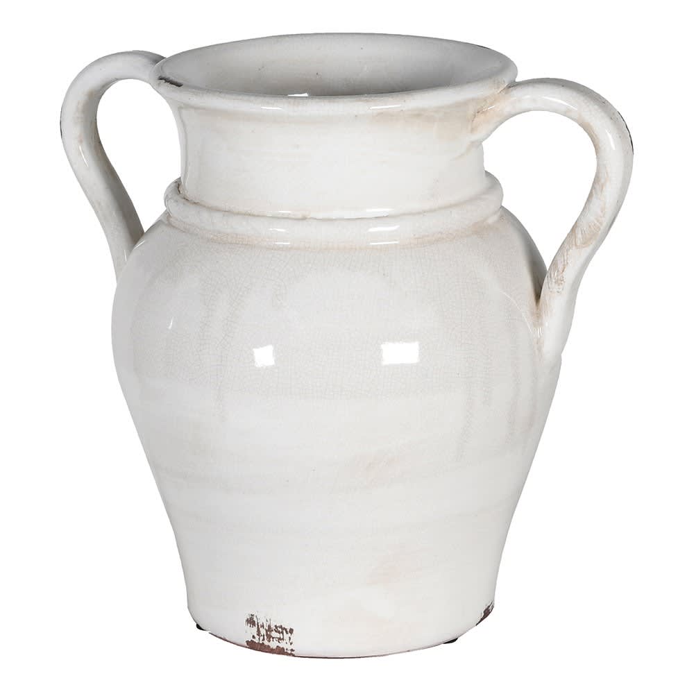 White ceramic vase with handles on a white background