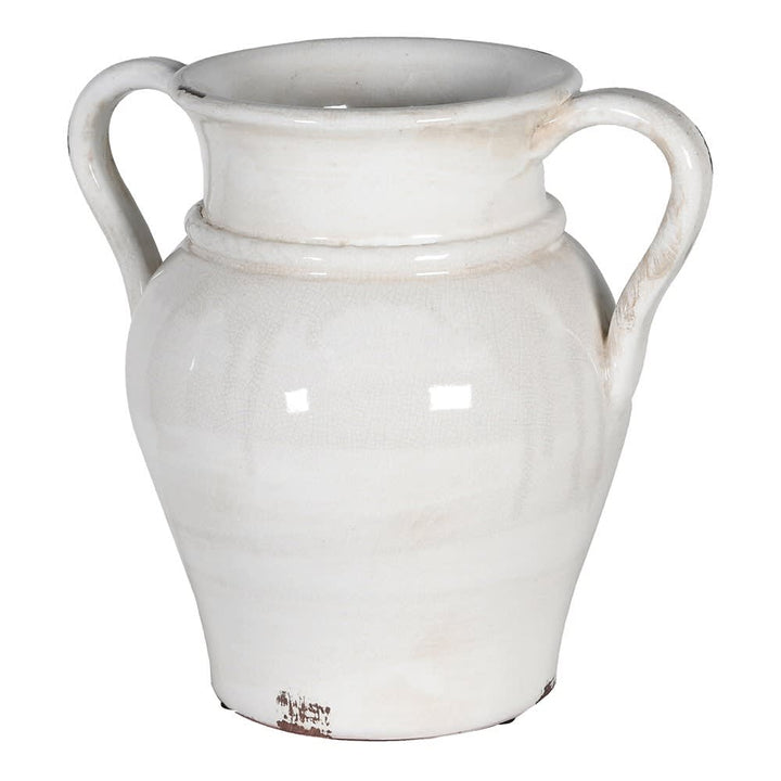 White ceramic vase with handles on a white background