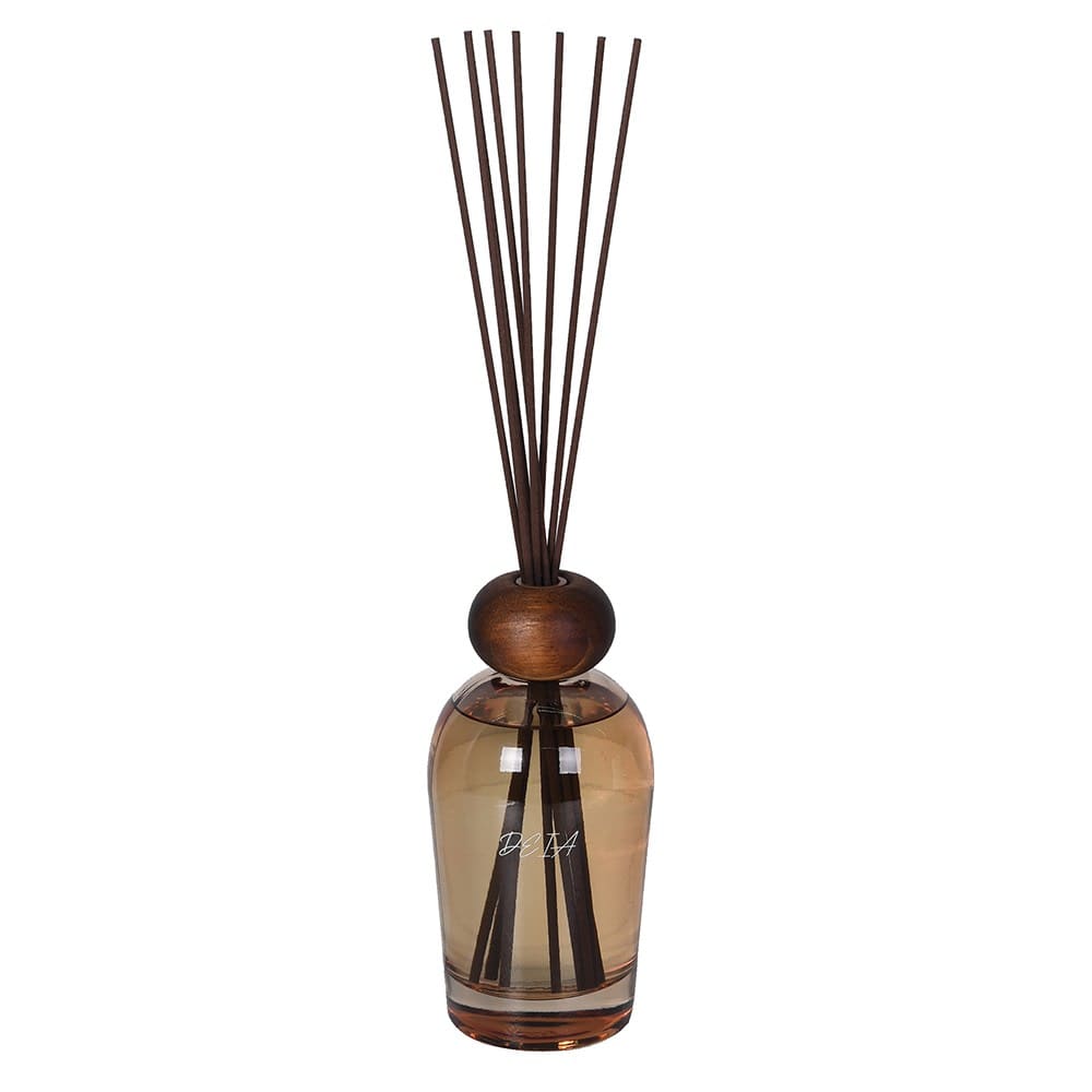 Diffuser bottle with wooden cap and sticks on a white background