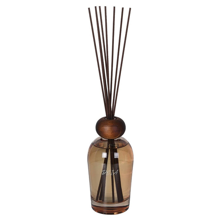 Diffuser bottle with wooden cap and sticks on a white background