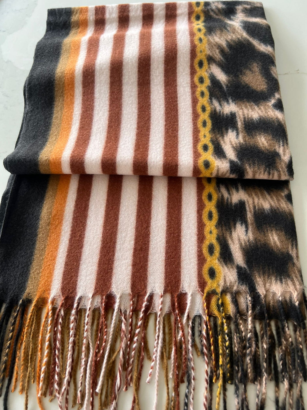 Leopard Print &amp; Stripe Tassel Scarf
