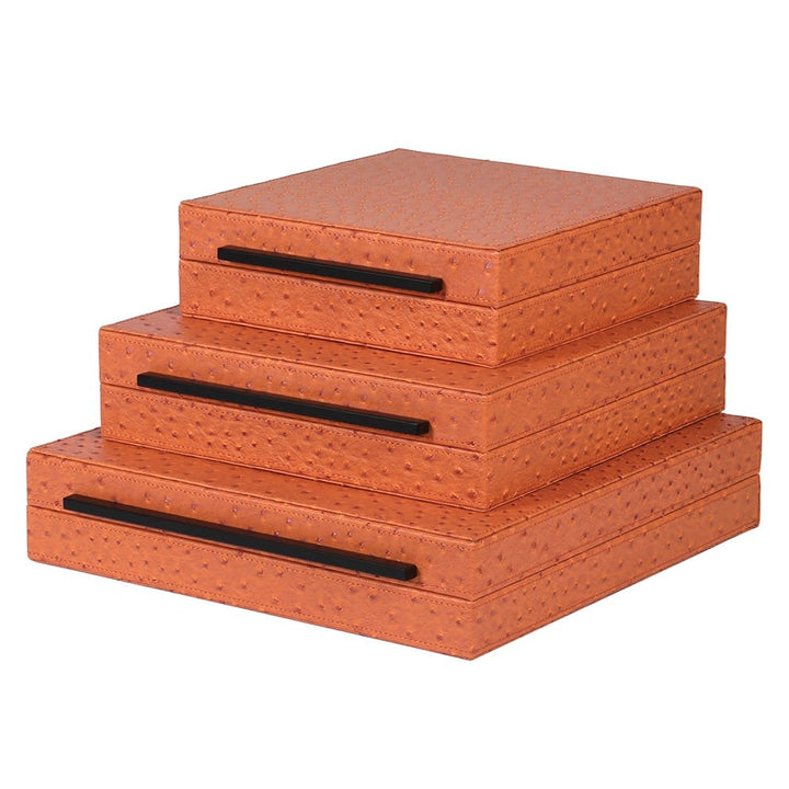 Faux Ostrich Leather Storage Boxes – Set of 3 in burnt Orange