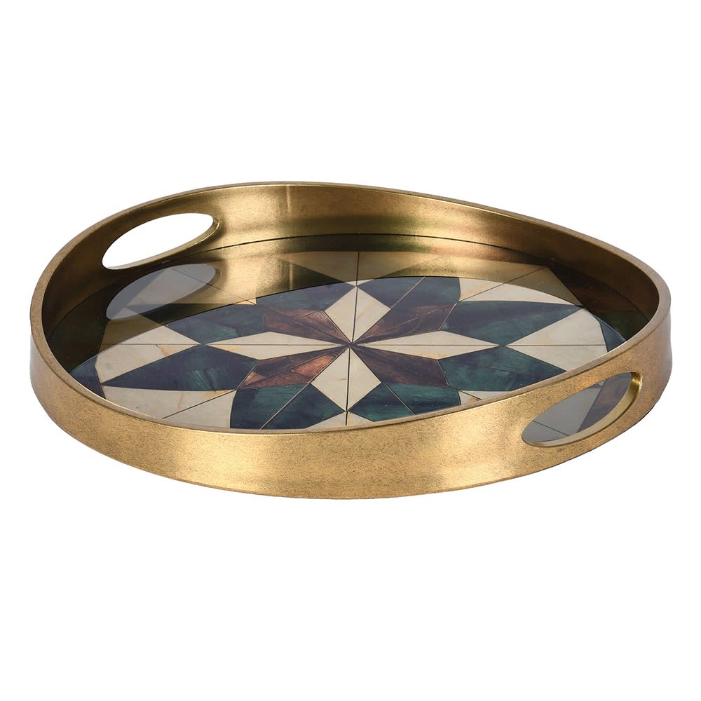 Round brass serving tray with two oval cutout handles and a geometric mosaic inlay on the base featuring shades of blue, green, white, and bronze.