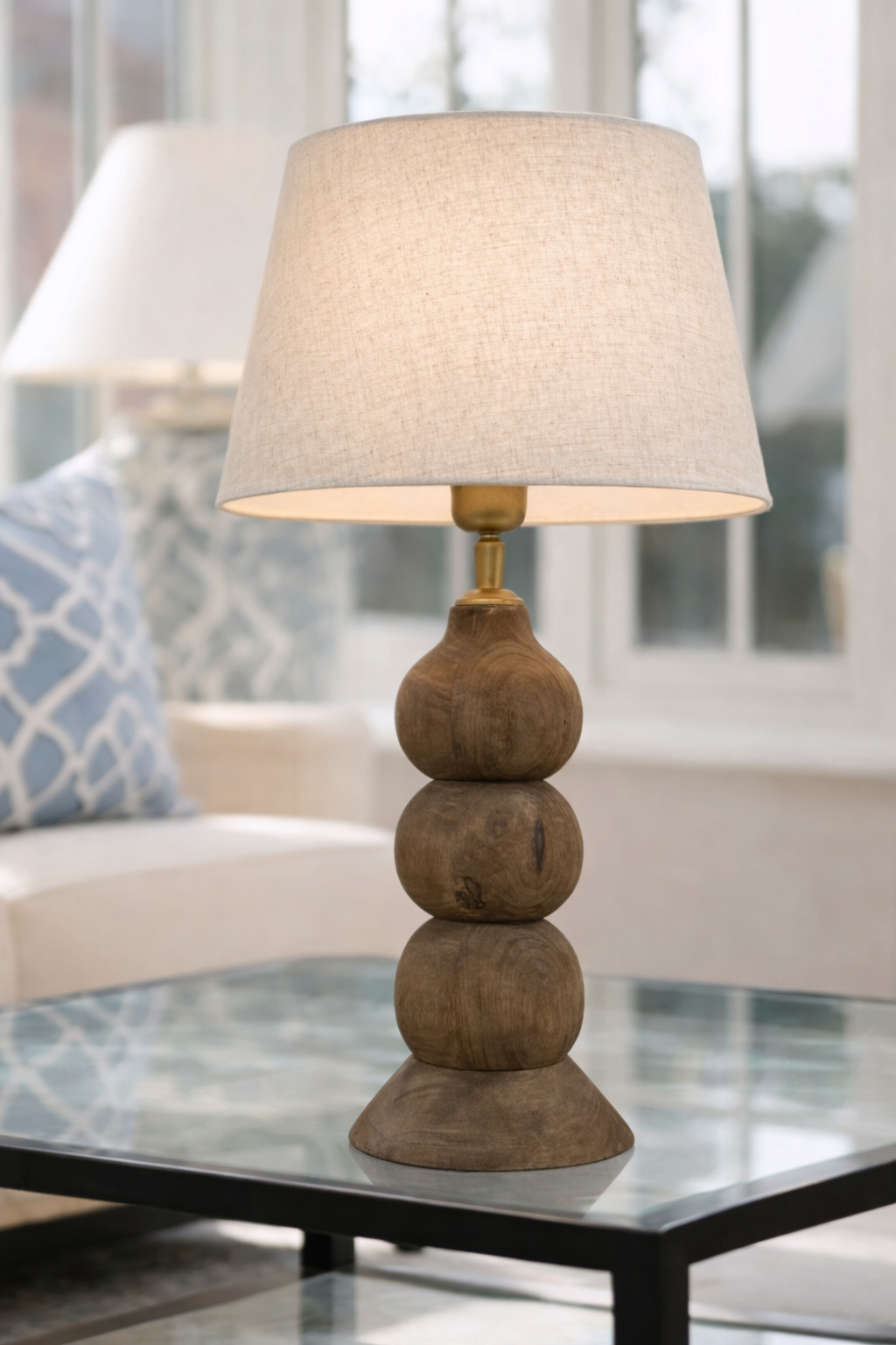 Hand-carved Wooden Table Lamp with Beige Linen Shade