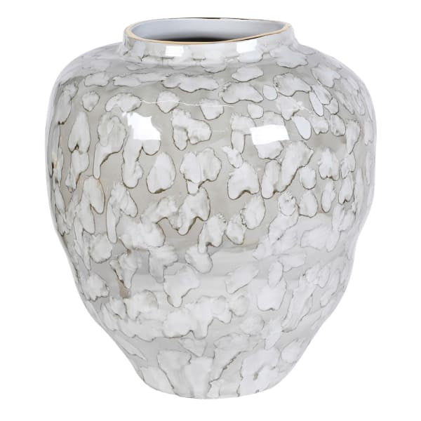 A ceramic vase with a rounded body and flared rim, featuring a glossy white and light gray mottled, organic pattern with subtle gold-toned outlines, set against a plain white background.