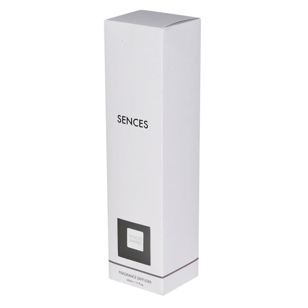 A tall, white rectangular box for SENCES Fragrance Diffuser, featuring black text and a small black square graphic near the bottom, set against a plain white background.