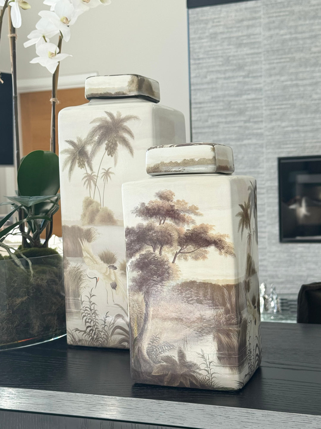 Large Ceramic Palm Tree and Heron Lidded Jar