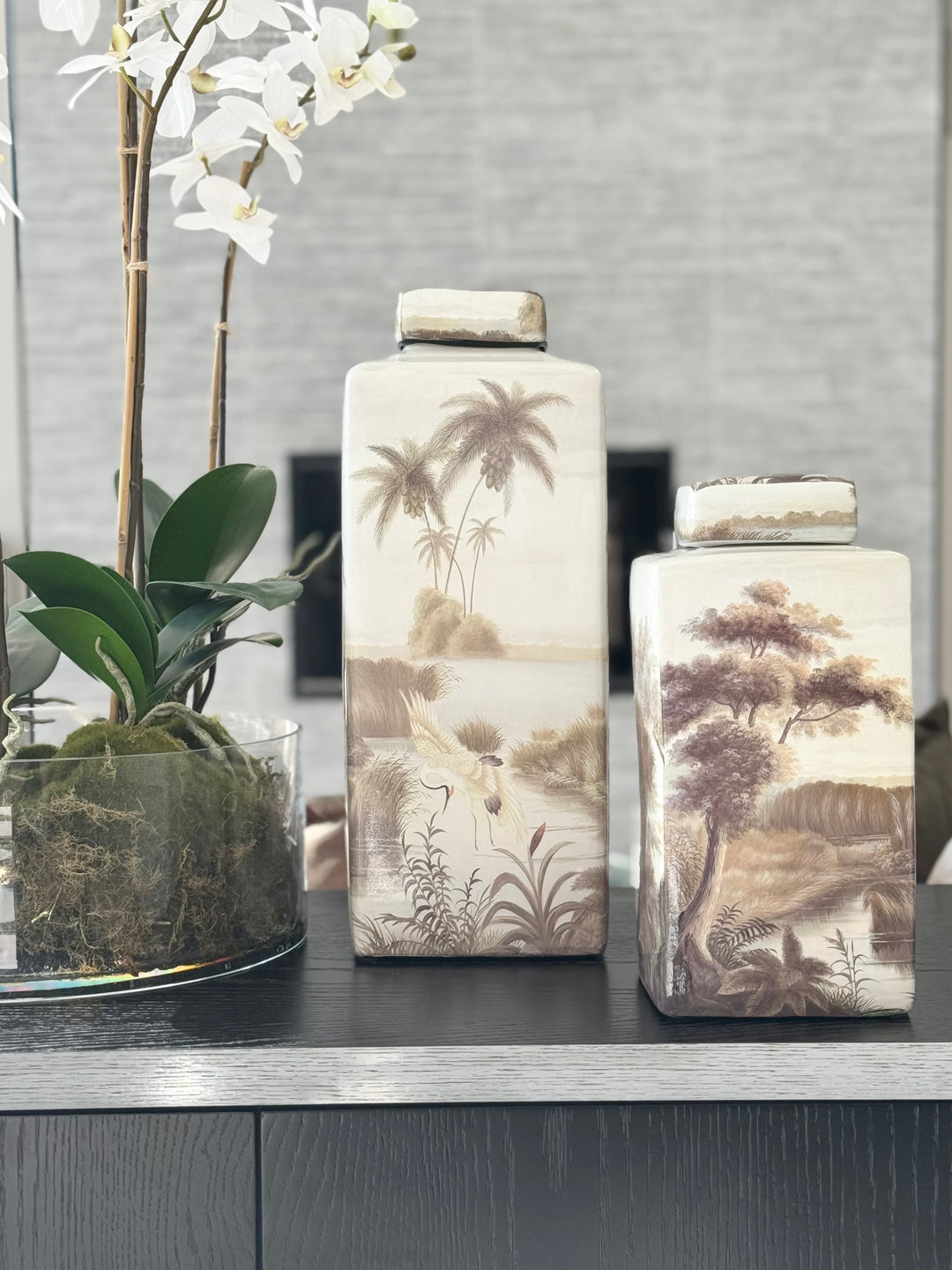 Large Ceramic Palm Tree and Heron Lidded Jar