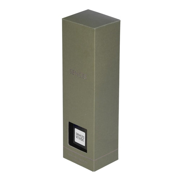 A tall, rectangular olive green box with a small black label on the front that reads &