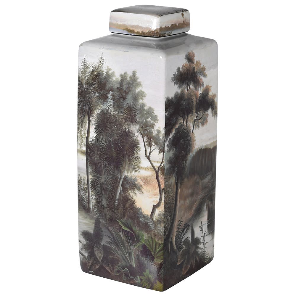 Large Ceramic Palm Tree and Heron Lidded Jar