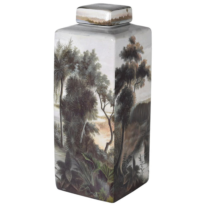 Large Ceramic Palm Tree and Heron Lidded Jar
