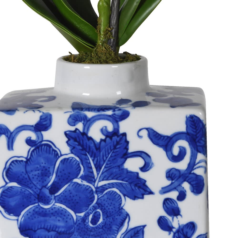 Ceramic vase with blue floral patterns and a plant on a white background