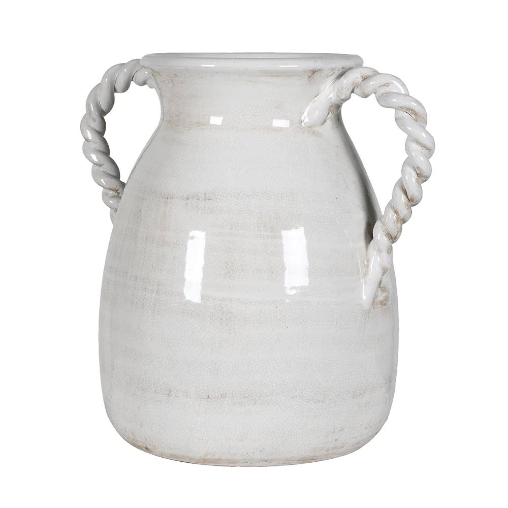A rustic ceramic vase with a distressed off-white glaze and twisted rope handles on both sides, shown against a plain white background.
