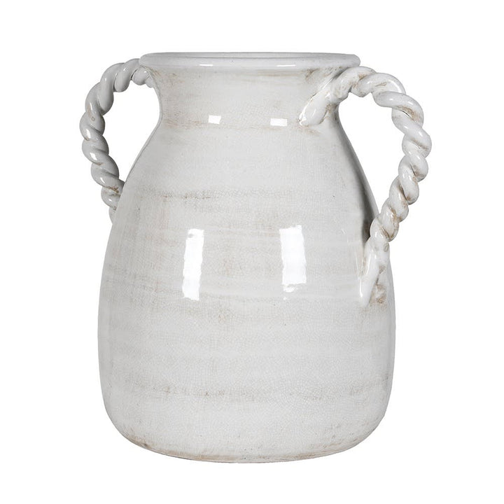 A rustic ceramic vase with a distressed off-white glaze and twisted rope handles on both sides, shown against a plain white background.