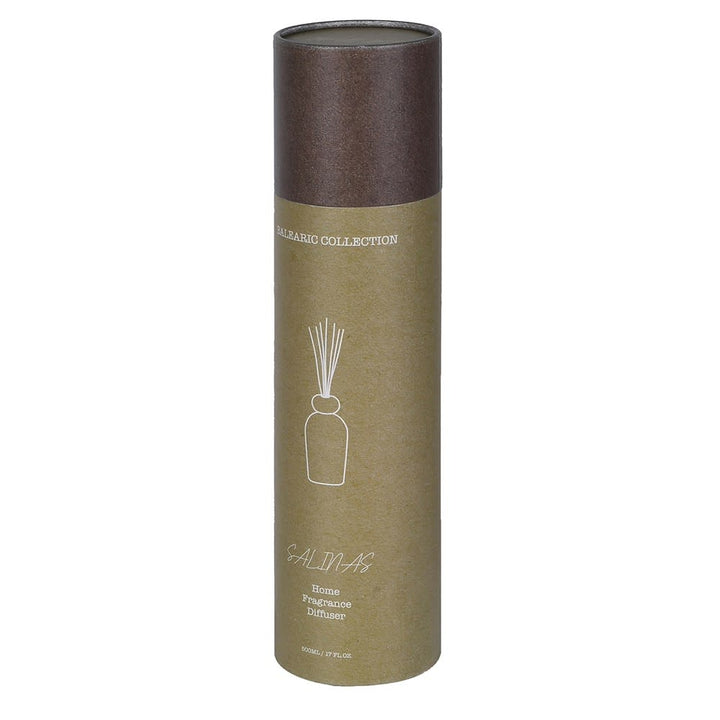 A cylindrical diffuser package from the Salimab Brand Collection, featuring a textured dark brown top and a matte olive-green lower section with a white line drawing of a reed diffuser and text reading &