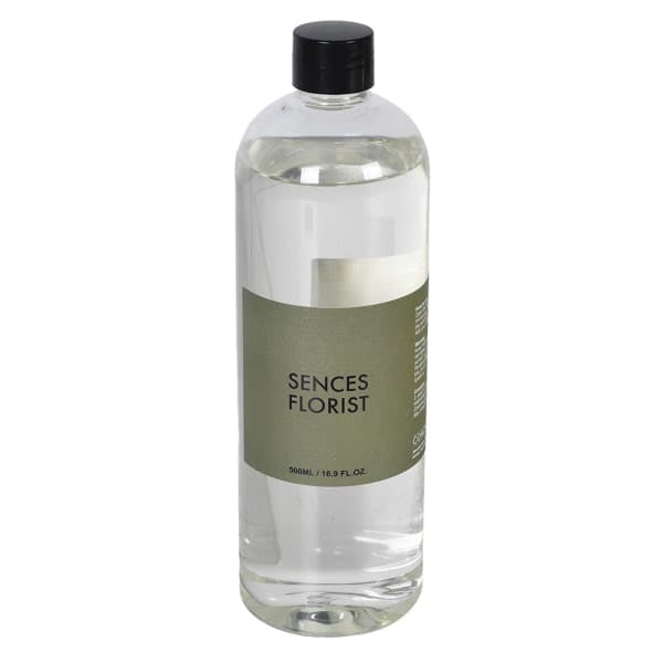 A 500ml clear glass bottle of Sences Florist room spray with a black cap and a muted olive green label, shown on a plain white background.