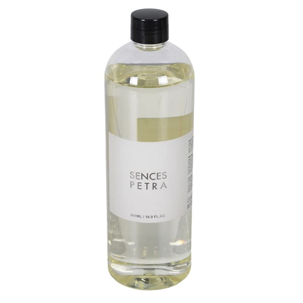 A clear plastic bottle of Sences Petra fragrance oil with a black cap and a white label, containing a pale yellow liquid, shown against a plain white background.