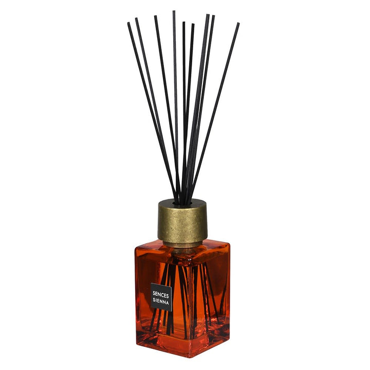Diffuser with black sticks and gold cap on a white background