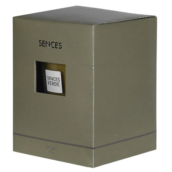 Sences Sences Verde fragrance box in a muted olive green color, featuring a clear window that reveals the bottle inside.