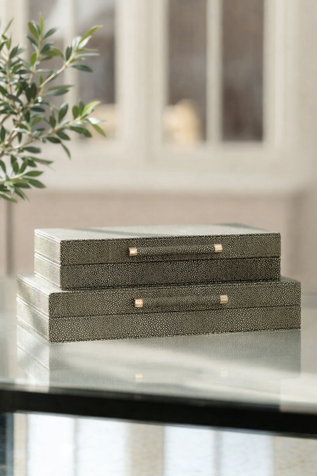 Set of 2 Grey Faux Shagreen Boxes