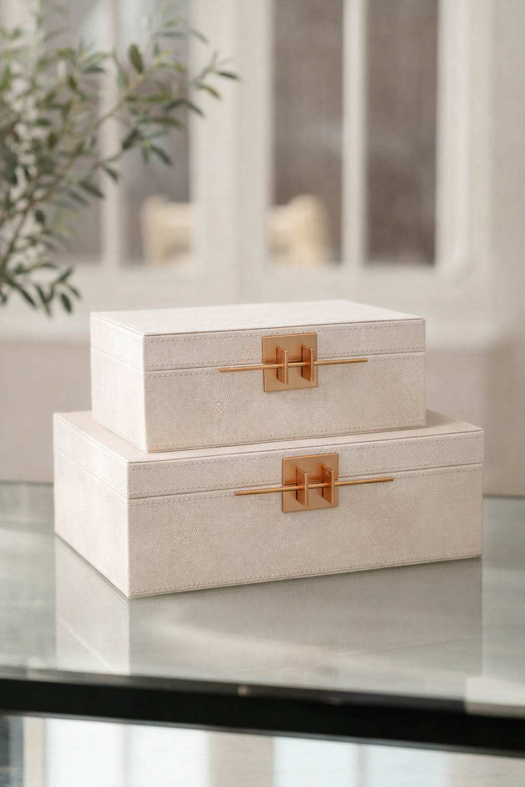 Set of 2 Ivory Crossbar Shagreen Boxes