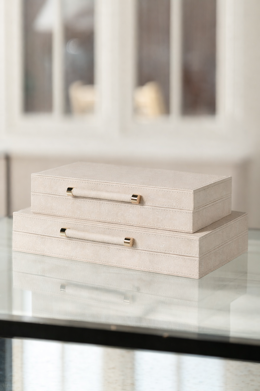 Set of 2 Ivory Faux Shagreen Boxes