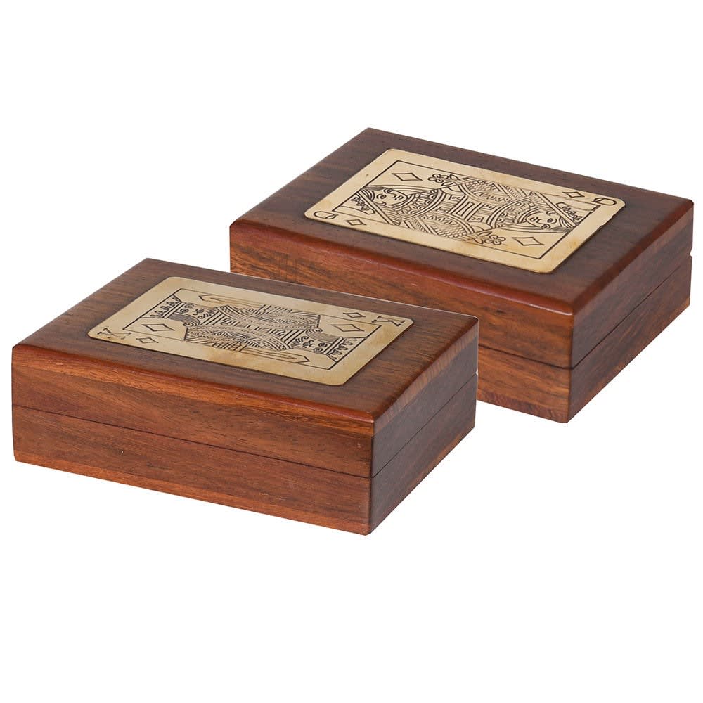 Two rectangular wooden boxes with a reddish-brown finish, each featuring a gold-toned playing card design on the lid, shown on a plain white background.