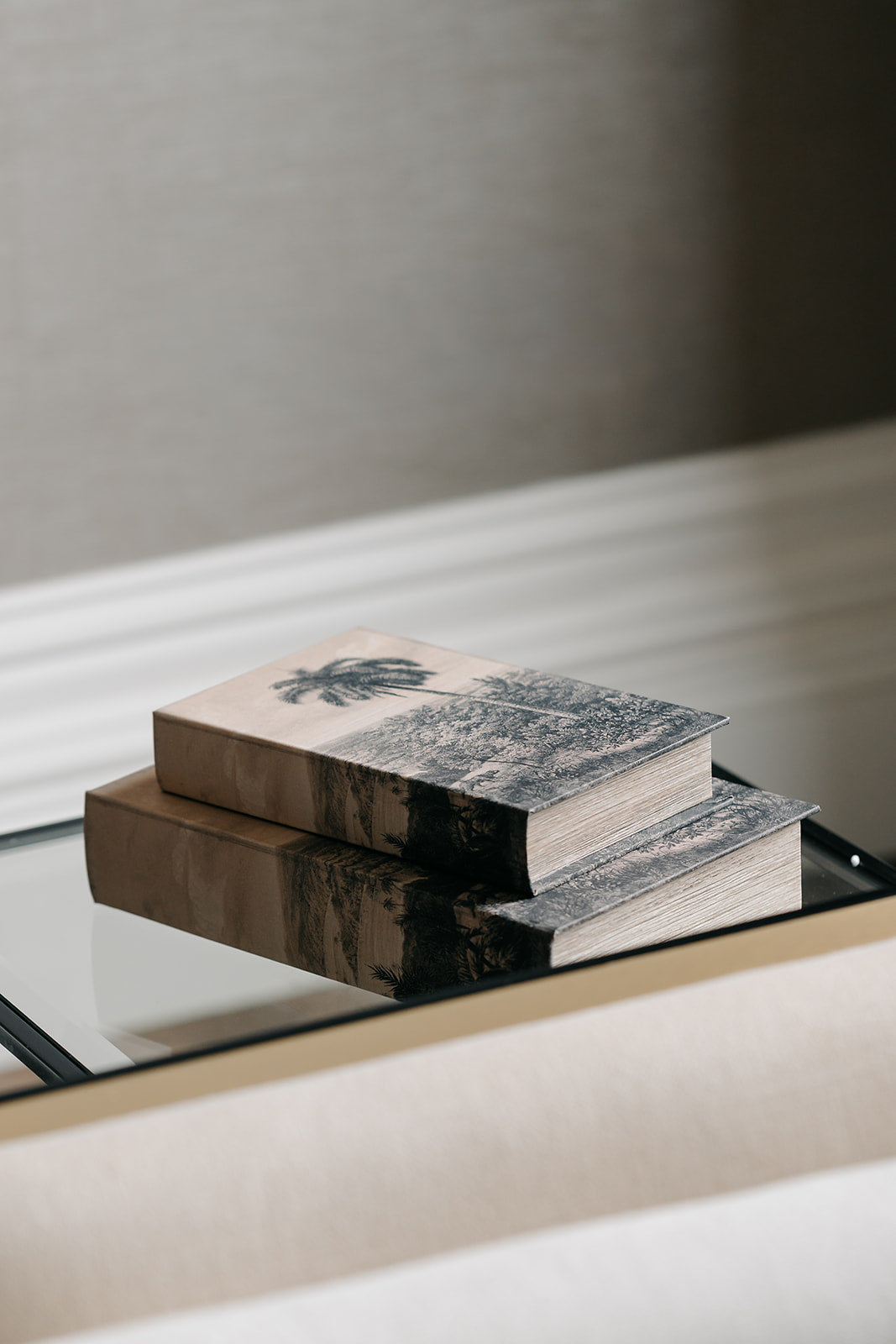 Two decorative books stacked on a glass tray, featuring a black and white landscape design on the top book and a warm brown-toned cover on the bottom, set against a neutral beige background.