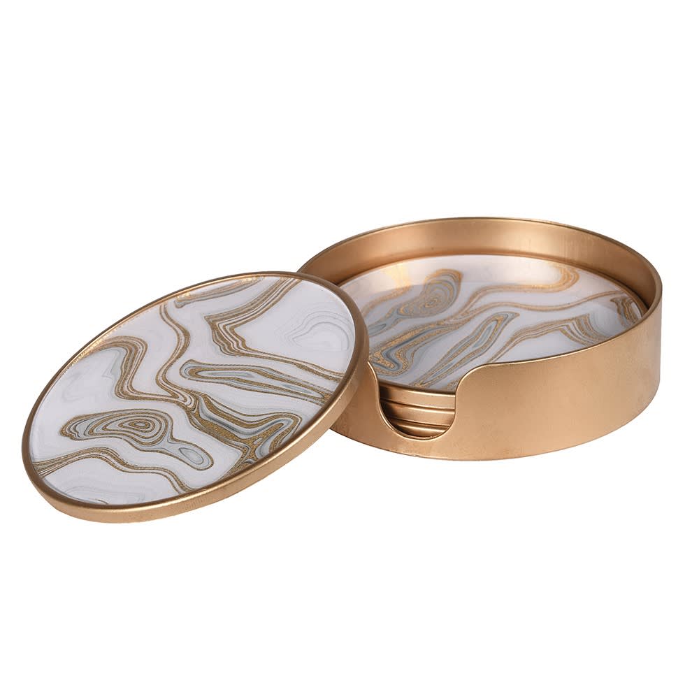 Set of 4 Gold Swirl Coasters with Holders