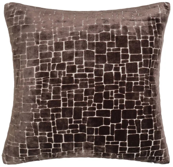 A square throw pillow featuring a textured, embossed stone or brick pattern in dark brown and black with light beige outlines, shown against a plain white background.